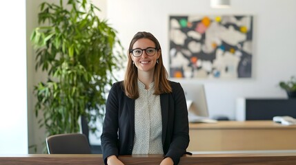 A welcoming receptionist at the front desk of a modern office lobby, with friendly expression and stylish decor in the background.