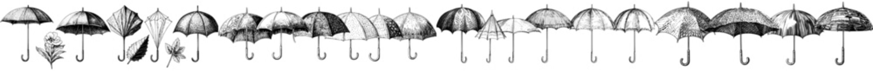 Naklejka premium Various umbrellas with different handles in open, closed, and folded positions. Rain shelter for rainy weather. Isolated flat illustrations on white.
