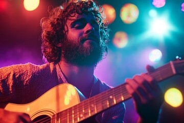 Obraz premium A passionate guitarist performs under colorful lights. The soulful atmosphere captures the essence of music and creativity. This image embodies artistic expression. Generative AI
