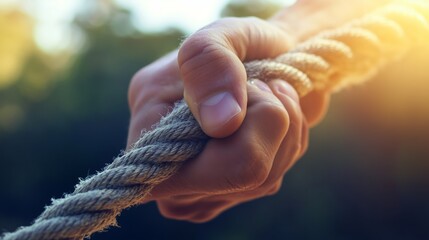 A close-up of a hand gripping a thick rope in sunlight during an outdoor activity focused on teamwork or competition