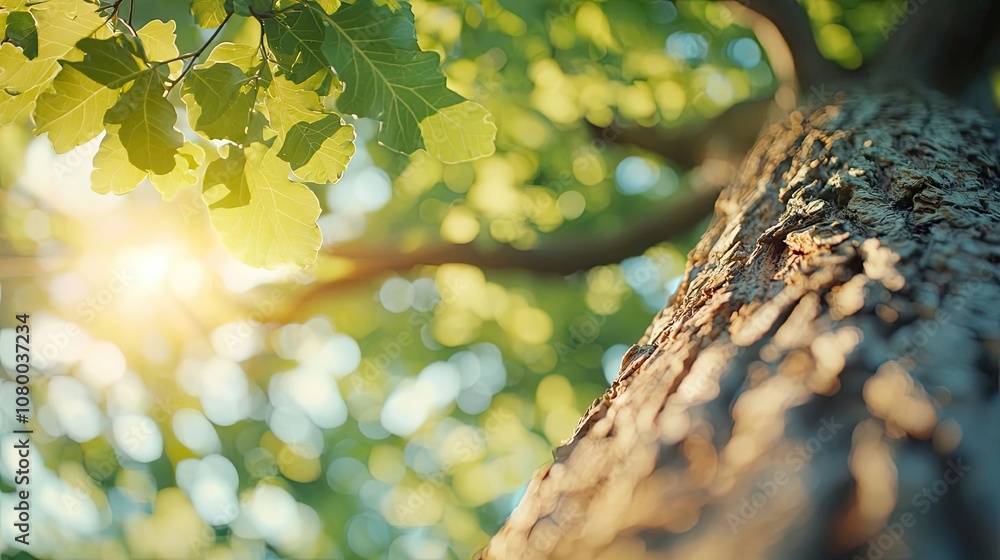 Aufkleber tree trunk with green leaves and sunlight filtering through the branches