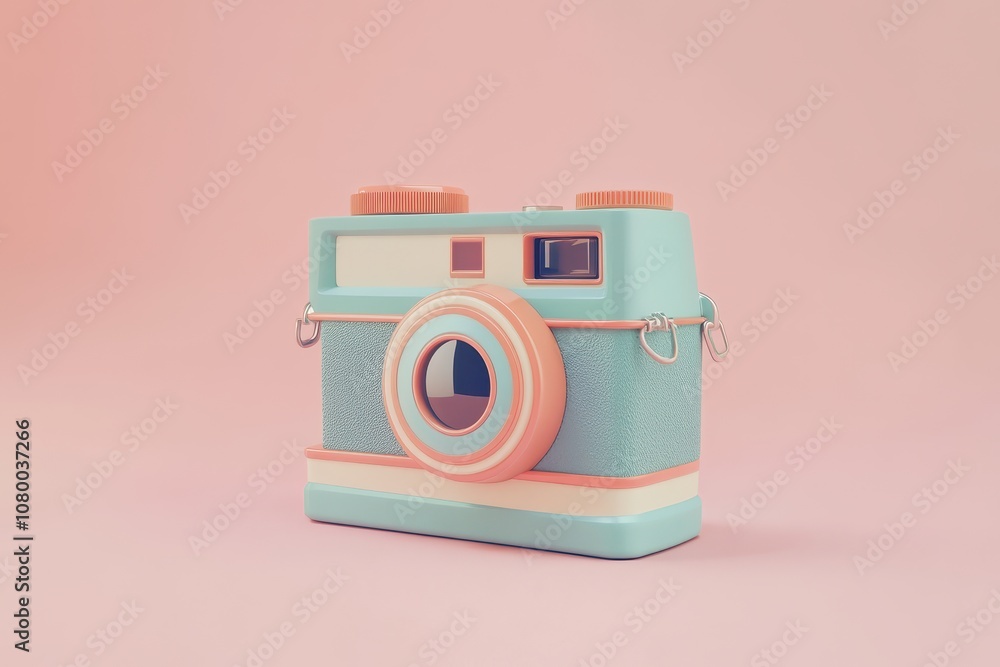 Poster a colorful camera with a lens sits on a background