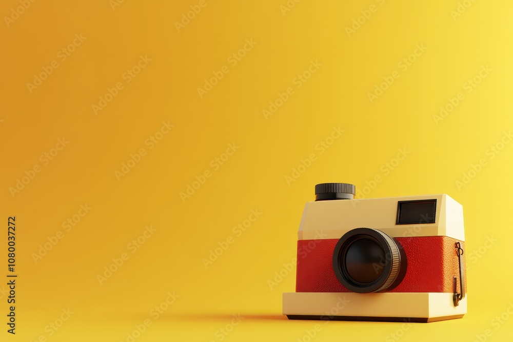 Poster a colorful camera with a lens sits on a background