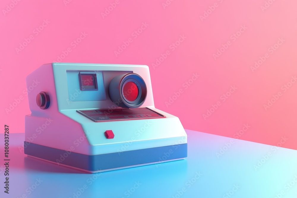 Poster a colorful camera with a lens sits on a background