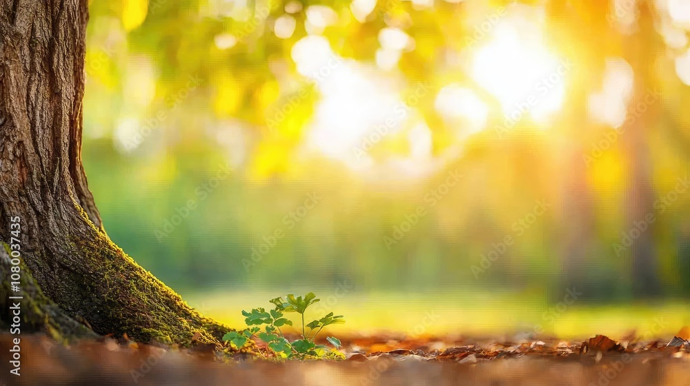 Poster sunlight filtering through leaves; a serene, natural setting with tree trunk.