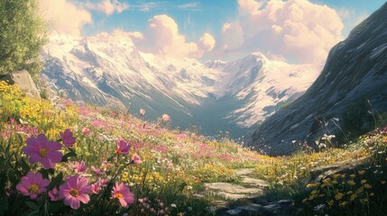 Sunlit wildflowers on a mountainside