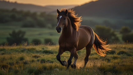 Majestic Horse Galloping Across Open Meadow with Flowing Mane at Sunset in Ultra Realistic Action Photography - Generated by AI