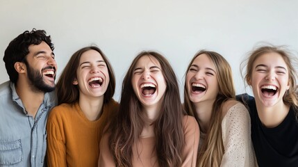 Group of young friends laughing together in a cheerful indoor setting during a casual gathering