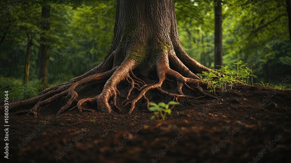 Aufkleber tree roots emerging from the dark soil in a lush forest setting