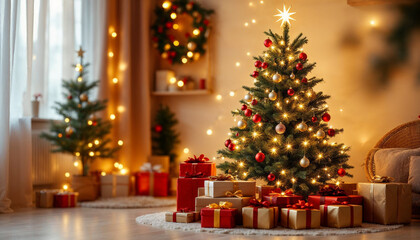 A cozy living room with a decorated Christmas tree, gifts, and festive decorations.

