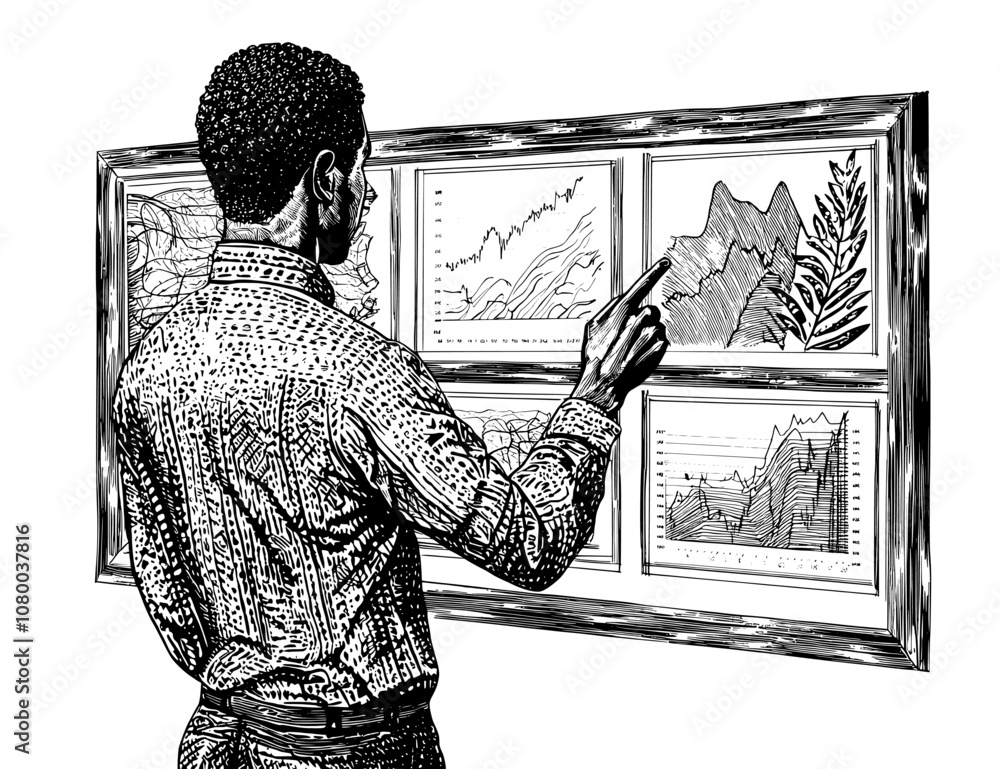 Poster a businessman analyzing benchmark graphs and analyzing business data. an isolated flat modern illust