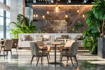 modern conceptual glossy shiny airport lounge hype realistic Bohemian-style dining glossy shiny airport lounge airport lounge with eclectic decor and natural materials contemporary bright stylish 