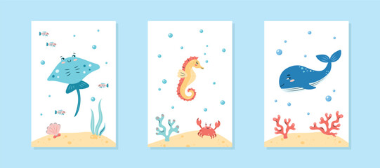 Collection of interior posters with marine animals on white background. Stingray, seahorse and whale. Character in children's style. vector illustration.