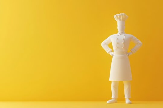 A white chef stands in front of a yellow wall