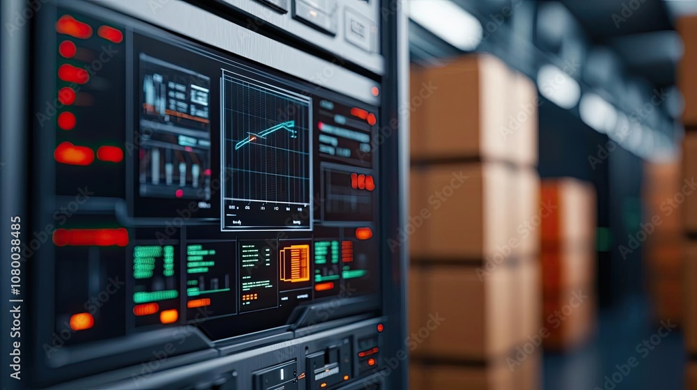 Poster data analytics interface displayed on a modern server rack in a warehouse environment