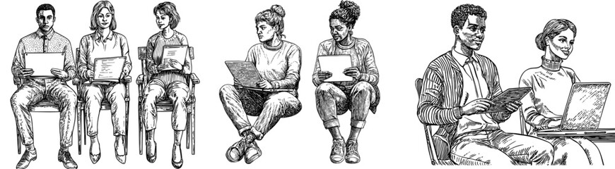 A business team working process.Teamwork, employees of a company working on a common project as a group. Flat graphic modern illustration isolated on a white background.