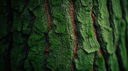 Close-up of textured tree bark, rich green moss covering surface, natural beauty.