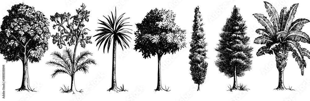 Aufkleber line sketch of a silhouette tree, side view of a silhouette tree outline symbol for architecture and