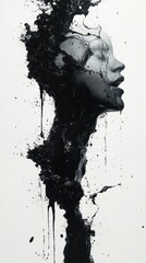 Abstract portrait of a woman merging with black fluid forms.