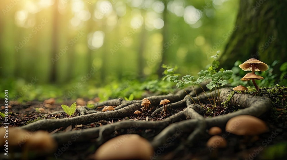Aufkleber tree roots and mushrooms in serene forest setting with soft sunlight.