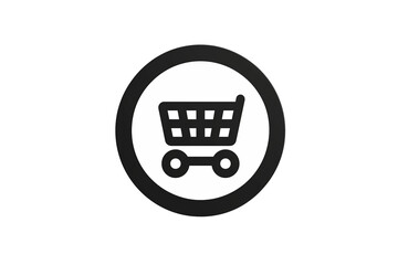 PNG cut out isolated background. A simple, black and white shopping cart icon encircled within a bold border, representing online shopping, retail, and e-commerce.