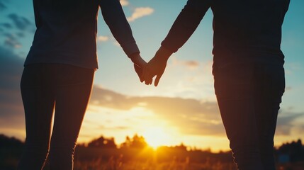 Couple holding hands at sunset, enjoying a romantic moment in a serene outdoor setting with a beautiful sky