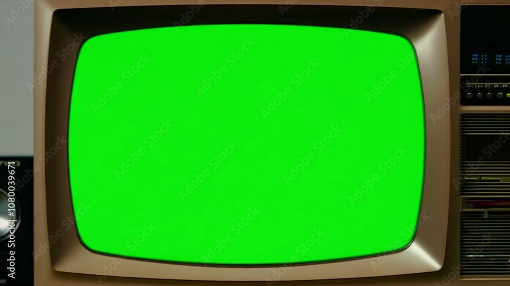 Poster close-up of a television screen displaying a green background generative ai