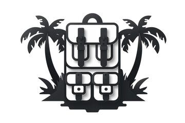  PNG cut out isolated background. Minimalist black-and-white icon for a travel app, featuring a stylized backpack with mountain graphics, framed by tropical palm trees and foliage. 