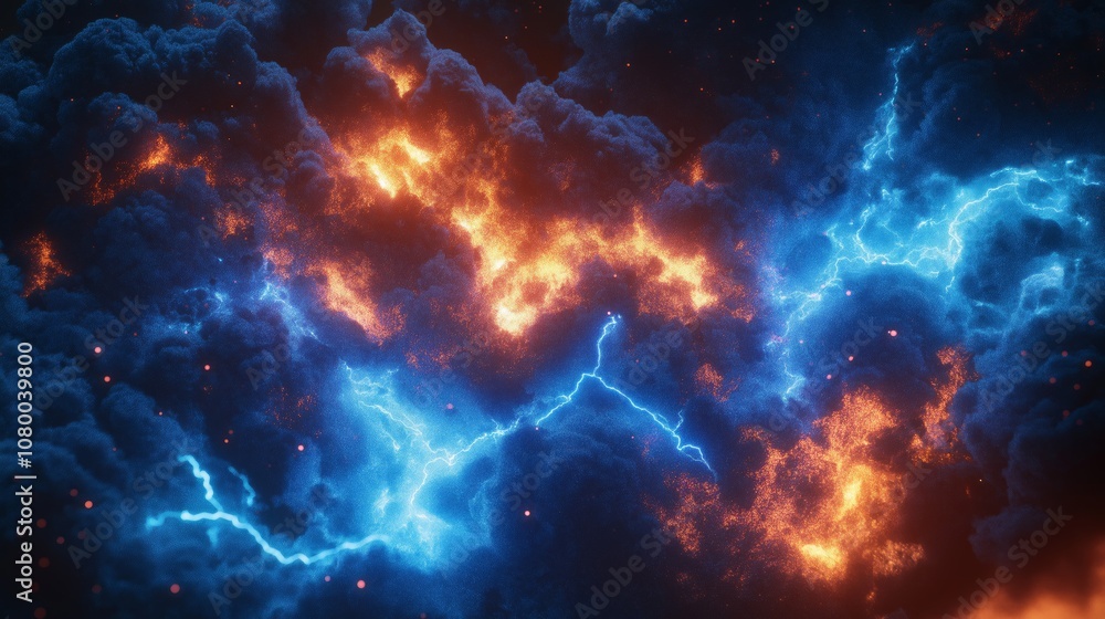 Aufkleber lightning strikes amid dramatic fiery and blue clouds showcasing dynamic energy and atmospheric powe