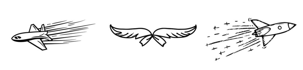 Hand-drawn doodle paper airplanes are displayed individually on a white background in this modern set