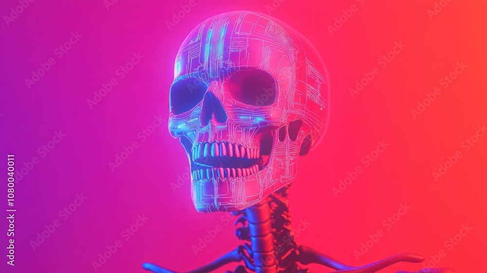 Poster explore the intersection of technology and anatomy with a futuristic skeleton model