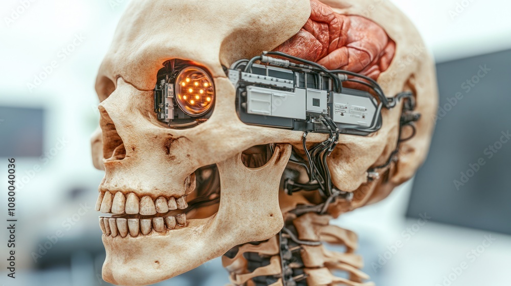 Poster explore the intersection of technology and anatomy with a robotic skull design