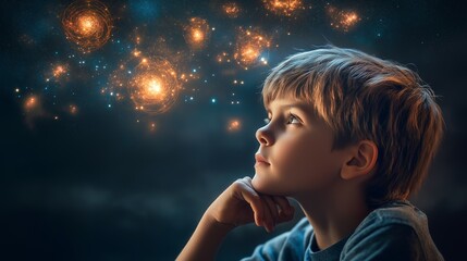 Dreaming Child Gazing at Starry Night Sky Filled with Glowing Galaxies, Evoking Imagination, Curiosity, and Cosmic Wonder, Generative AI