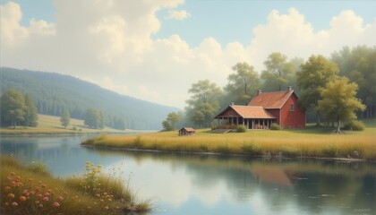 Fototapeta premium Idyllic rural retreat by the river