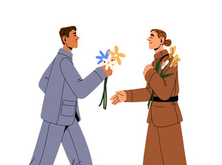 Man gives flowers to woman soldier, thanks for victory. Happy person presents bouquet, congratulates with war end. People celebrate memorial day. Flat isolated vector illustration on white background