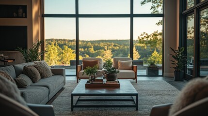 A Living Room With a View of Trees Through Large Windows