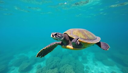 Naklejka premium Sea turtle gracefully gliding through the ocean depths