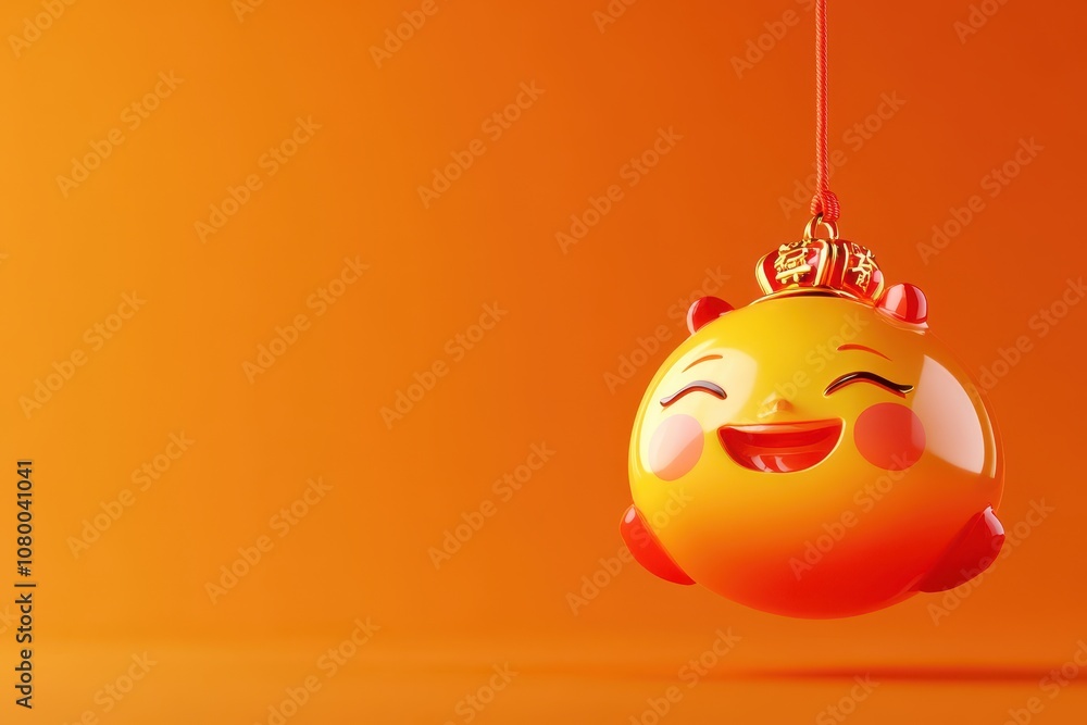 Aufkleber a smiling yellow object with a crown on its head is hanging from a string