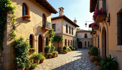 Fototapeta premium Charming European alleyway bathed in sunlight