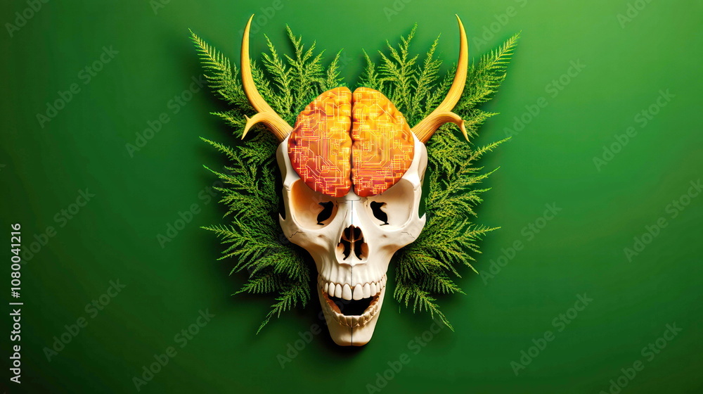 Poster explore the fusion of nature and technology in a skull design