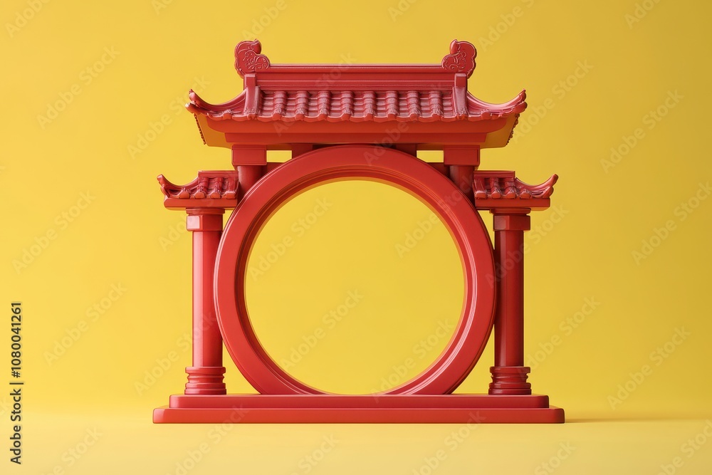 Aufkleber a red and yellow building with a red archway and a red circle in the middle