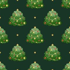 Christmas wreath and decorated New Year tree. Seamless pattern. Flat cartoon illustration.