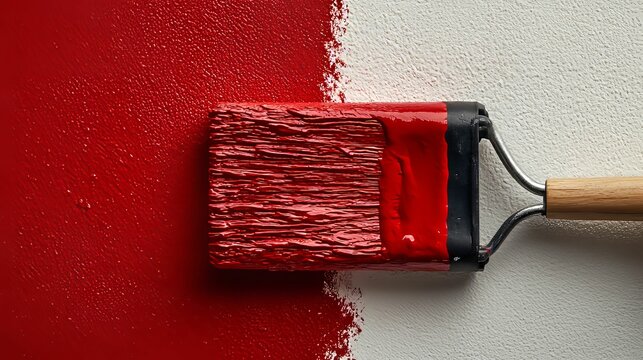 Red Paintbrush Applying Color to a White Wall