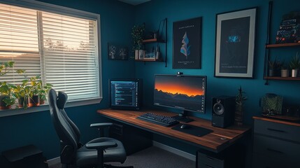 Fototapeta premium Modern Teal Gaming Setup with Wooden Desk and Sunset Monitor Wallpaper