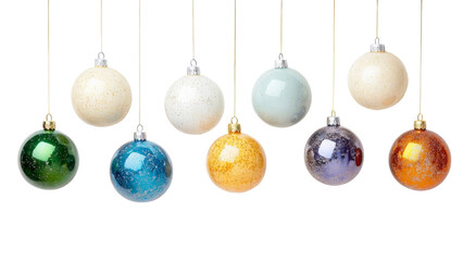 A variety of colorful ornaments dangle from golden strings, creating a festive atmosphere for the holiday season on white transparent background or PNG