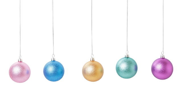 Five shiny Christmas ornaments in pastel colors hang elegantly from strings, adding a cheerful vibe to the celebration on white transparent background or PNG