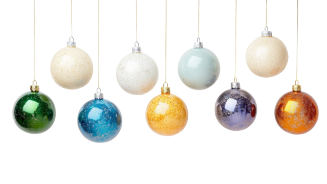 A variety of colorful ornaments dangle from golden strings, creating a festive atmosphere for the holiday season on white transparent background or PNG