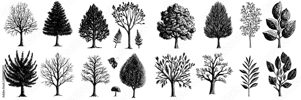 Poster tree silhouette set. set of graphic trees element outline symbol for architecture and landscape desi