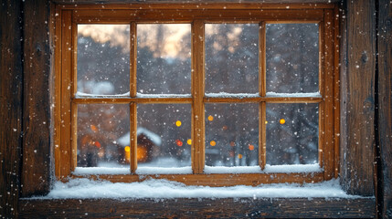 window with a view of a snow-covered forest and a golden sunset