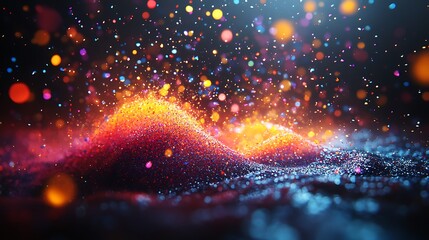 Fototapeta premium Abstract colorful particles forming glowing hills with bokeh lights in the background.